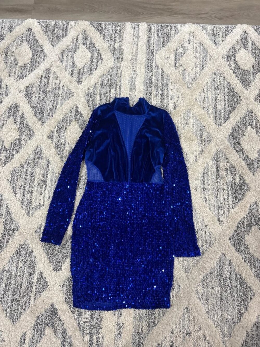 Royal Blue Sequin Short Dress with Velvet Details - Picture 2 of 2